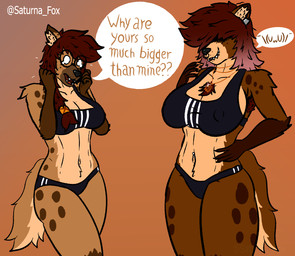accessory anthro armpit_hair big_breasts bodily_fluids body_hair bottomwear bra breast_size_difference breasts cleavage clothed clothing collar crying dialogue duo ear_piercing ear_ring eyewear facial_piercing female fur glasses hair highlights_(coloring) huge_breasts navel navel_piercing nose_piercing nose_ring open_mouth piercing ring_piercing septum_piercing septum_ring simple_background smile sports_bra tail tears teeth text tongue underwear saturnafox sports_bra_difference_meme anaya_(saturnafox) layla_(saturnafox) canid canine hyena mammal spotted_hyena 2023 digital_media_(artwork) english_text hi_res meme sibling_(lore) sister_(lore) sisters_(lore)