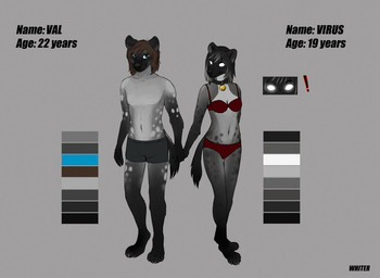 anthro black_hair blue_eyes bra brown_body brown_hair closed_smile clothed clothing color_swatch duo empty_eyes female front_view grey_background grey_body grey_clothing grey_hair grey_panties grey_underwear hair hand_holding looking_at_viewer male mouth_closed multicolored_hair panties red_bra red_clothing red_panties red_underwear simple_background smile text two_tone_hair underwear unknowhiter hyena mammal 2015 artist_name english_text