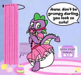 abdl anthro blush blush_lines clothed clothing curtains diaper diaper_fetish dress feminization gag gagged male object_in_mouth offscreen_character pacifier pacifier_gag pacifier_in_mouth solo speech_bubble standing text toy wearing_diaper young young_anthro young_male alleymutt friendship_is_magic hasbro my_little_pony mythology spike_(mlp) dragon mythological_creature mythological_scalie scalie english_text hi_res