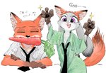 anthro carrot clothed clothing dialogue duo eyes_closed fake_ears fake_fox_ears fake_fox_tail fake_tail female food fox_costume fur male necktie open_mouth open_smile orange_body orange_fur plant purple_eyes shirt simple_background smile sparkles text topwear vegetable white_background sg disney zootopia judy_hopps nick_wilde canid canine fox lagomorph leporid mammal rabbit red_fox true_fox 2016 english_text