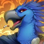 anthro beak blue_body blue_feathers cigarette feathers open_mouth open_smile red_eyes smile solo grimoiren aiareck_arpia accipitrid accipitriform avian bird eagle harpy_eagle 1:1 digital_media_(artwork) icon low_res