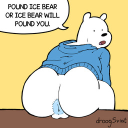 anthro anus backsack balls butt butt_focus clothed clothing dialogue fur genitals hoodie inside looking_at_viewer looking_back male open_mouth partially_clothed presenting rear_view sitting solo speech_bubble talking_to_viewer text topwear white_body white_fur droogsviat cartoon_network we_bare_bears ice_bear_(we_bare_bears) bear mammal polar_bear ursine 1:1 english_text hi_res