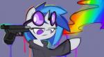 eyewear female glasses gun horn purple_eyes rainbow ranged_weapon solo suicide weapon whoop friendship_is_magic hasbro my_little_pony mythology vinyl_scratch_(mlp) equid equine mammal mythological_creature mythological_equine unicorn digital_media_(artwork) hi_res