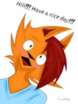 anthro black_nose blush clothed clothing ear_tuft female fur hair happy looking_at_viewer orange_body red_hair simple_background smile solo text tuft coyotebass xanny_(coyotebass) canid canine canis coyote mammal 3:4 absurd_res digital_media_(artwork) hi_res