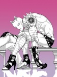 clothed clothing duo footwear gloves handwear high_heels looking_at_viewer male muscular shoes skimpy solo_focus spikes 宮路 jojo's_bizarre_adventure killer_queen animal_humanoid cat_humanoid felid felid_humanoid feline feline_humanoid humanoid mammal mammal_humanoid stand_(jjba) 3:4 meme