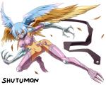 blue_eyes blue_hair claws clothing feathered_wings feathers female gloves hair handwear mask navel solo text wings arainobu bandai_namco digimon european_mythology greek_mythology mythology angel animal_humanoid avian avian_humanoid digimon_(species) harpy harpy_humanoid humanoid mythological_avian mythological_creature winged_humanoid zephyrmon 5:4 english_text