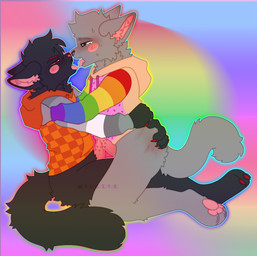 alternate_form animal_genitalia animal_penis anthro anthrofied biped black_body black_fur blush bodily_fluids bottomless checkered checkered_clothing claws clothed clothing colorful_background duo erection feline_genitalia feline_penis fluffy fluffy_tail french_kissing frottage fur genitals grey_body grey_fur hoodie inner_ear_fluff kissing leg_grab making_out male male/male pattern_clothing pawpads paws penile penile_spines penis penises_touching pink_inner_ear_fluff pink_pawpads rainbow red_eyes saliva saliva_string scratches scratching sex straddling sweat tail tears teary_eyes thigh_grab tongue topwear tuft m1ss1ngtexture nyan_cat_(copyright) nyan_cat tac_nayn domestic_cat felid feline felis mammal 2023 colorful_theme digital_drawing_(artwork) digital_media_(artwork) hi_res meme