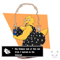 anthro big_breasts big_butt breasts buckteeth butt clothed clothing eyewear female glasses huge_breasts huge_butt non-mammal_breasts overweight overweight_anthro overweight_female teeth text thick_thighs scrappybear265 pepsi undertale_(series) alphys 1:1 absurd_res english_text hi_res