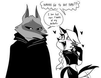 anthro blush clothing dialogue duo eye_contact female fingerless_gloves gloves hair handwear heart_symbol larger_male looking_at_another male ponytail robe simple_background size_difference smaller_female smile speech_bubble tail tail_motion tailwag text emositecc dreamworks hellaverse helluva_boss mythology puss_in_boots_(franchise) death_(puss_in_boots) loona_(helluva_boss) canid canid_demon canine canis demon hellhound mammal mythological_canine mythological_creature wolf english_text greyscale hi_res monochrome spot_color