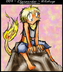 abstract_background anthro blonde_hair blue_eyes clothed clothing fire flaming_tail hair male midriff orange_body orange_scales pokemorph rock scales shirt sitting solo tail tank_top topwear yellow_body yellow_scales young zarla nintendo pokemon charmander generation_1_pokemon pokemon_(species) low_res