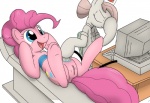 blue_eyes chair cloth clothing computer cutie_mark duo electronics facepalm female feral furniture genitals hair happy pink_hair pussy quadruped red_cross table tail ultrasound tg-0 friendship_is_magic hasbro my_little_pony nurse_redheart_(mlp) pinkie_pie_(mlp) earth_pony equid equine horse mammal pony