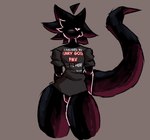 ambiguous_gender anthro black_body black_eyes black_hair black_scales blush bottomless clothed clothing featureless_crotch grey_background grey_clothing grey_shirt grey_topwear hair half-closed_eyes hands_behind_back looking_at_viewer narrowed_eyes pink_sclera red_body red_hair red_scales scales shirt simple_background solo standing tail text text_on_clothing text_on_shirt text_on_topwear thick_tail thick_thighs topwear wide_hips snazlazzle ika_(snazlazzle) scalie unknown_species 2024 comic_sans hi_res nonbinary_(lore)