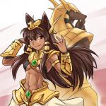 anthro armor bracers breasts brown_body brown_fur brown_hair clothed clothing duo female fur hair long_ears long_hair looking_at_viewer navel red_eyes simple_background smile under_boob nam_(artist) egyptian_mythology league_of_legends middle_eastern_mythology mythology riot_games tencent anubis nasus_(lol) animal_humanoid anubian_jackal ascended canid canine canis deity humanoid jackal mammal 1:1 2013