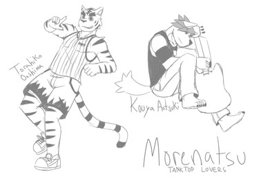 anthro armband barefoot bottomwear claws clothing denim denim_bottomwear denim_clothing dog_tags electric_guitar eyebrows feet footwear guitar jeans jewelry male musical_instrument necklace pants pawpads paws pecs plucked_string_instrument shirt shoes shorts smile smirk string_instrument stripes tank_top thick_eyebrows toe_claws topwear vrart1 morenatsu kouya_aotsuki torahiko_ooshima canid canine canis domestic_dog felid husky mammal nordic_sled_dog pantherine spitz tiger 2014 absurd_res hi_res monochrome