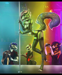 anthro beverage black_bars clothed clothing collar dancing electronics female group legwear looking_at_viewer male nipple_tape panties pasties phone pole pole_dancing skimpy smile standing strip_club stripper stripper_pole tape thigh_highs underwear nelly63 canid canine equid equine felid fox horse mammal digital_media_(artwork) hi_res letterbox shaded