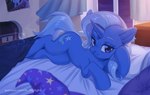 bed blue_body curtains cutie_mark female feral furniture horn pillow solo ls_skylight friendship_is_magic hasbro my_little_pony mythology trixie_(mlp) equid equine mammal mythological_creature mythological_equine unicorn