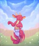 anthro claws clean_diaper clothed clothing cloud diaper diaper_only eyes_closed fence grass happy horn male navel open_mouth plant red_body red_scales scales sky solo tail teeth tongue topless wearing_diaper young young_anthro applepup mythology dragon mythological_creature mythological_scalie scalie 2016 hi_res watermark