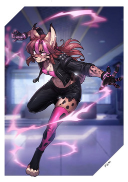 anthro black_bottomwear black_clothing border bottomwear breasts clothing countershading digitigrade ear_piercing female gloves handwear jacket looking_at_viewer piercing smile solo topwear white_border pgm300 zaide_(ashkelling) felid feline lynx mammal 2022 absurd_res digital_media_(artwork) hi_res