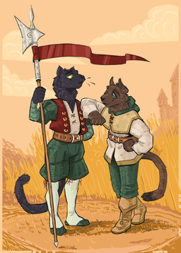 anthro belt belt_buckle black_body black_fur boots brown_body brown_fur buckle castle clothing duo ears_up eye_contact footwear fur grey_eyes halberd happy holding_halberd holding_melee_weapon holding_object holding_polearm holding_weapon long_tail looking_at_another male male/male medieval medieval_architecture medieval_clothing melee_weapon polearm shoes smile smiling_at_another socks tail weapon yellow_eyes mawkvlt felid mammal pantherine absurd_res hi_res
