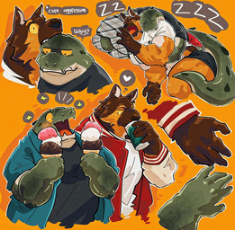 5_fingers anthro black_bottomwear black_clothing black_shirt black_topwear blush blush_lines bottomwear brown_body brown_fur closed_smile clothed clothed_anthro clothed_male clothing container countershade_arms countershade_face countershade_fur countershade_neck countershade_tail countershading cup dessert dot_pupils duo emanata eyebrows fingers flesh_fang food front_view fully_clothed fully_clothed_anthro fully_clothed_male fur green_body head_nom heart_symbol holding_container holding_cup holding_food holding_ice_cream holding_object hug hugging_another hugging_from_behind ice_cream jacket letterman_jacket looking_at_food looking_at_object lying male mouth_closed multicolored_body muscular muscular_anthro muscular_male nom on_side open_mouth open_smile orange_background orange_body orange_eyebrows orange_fur pillow red_bottomwear red_clothing red_jacket red_tongue red_topwear shirt simple_background sleeping sleeping_together smile sound_effects sparkles tail tail_ridge tan_body tan_clothing tan_countershading tan_inner_ear tan_jacket tan_topwear teal_clothing teal_shirt teal_topwear teeth text thought_bubble tongue tongue_out tongue_showing topwear two_tone_body vowelless vowelless_sound_effect white_clothing white_shirt white_topwear wide_eyed yellow_sclera zzz teseirei koda_(teseirei) canid canine canis crocodilian domestic_dog german_shepherd herding_dog mammal pastoral_dog reptile scalie 2026 bust_portrait digital_drawing_(artwork) digital_media_(artwork) english_text half-length_portrait hi_res portrait three-quarter_portrait