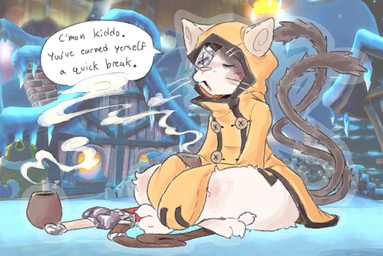 2_tails 3_toes ambiguous_gender anthro aurora_(phenomenon) beak black_clothing black_hoodie black_topwear bottomless brown_body brown_fur building button_(fastener) chimney claws clothed clothing container crossed_legs cup detailed_background duo eye_patch eyes_closed eyewear feet fur grey_outline holding_container holding_cup holding_object hoodie hoodie_only house ice icicle male male_anthro mature_anthro mature_male melee_weapon multi_tail multicolored_body multicolored_fur multicolored_hoodie open_mouth outline outside pink_nose sitting sleeves solo_focus speech_bubble steam street_lamp sword tail talking_to_viewer text thick_thighs three-quarter_view timber_framed_architecture toe_claws toes topwear topwear_only weapon whiskers white_body white_fur window winter yellow_clothing yellow_hoodie yellow_topwear gubsygoo arc_system_works asian_mythology blazblue east_asian_mythology japanese_mythology mythology jubei_(blazblue) avian bird emperor_penguin felid great_penguin mammal nekomata penguin yokai 2025 english_text hi_res widescreen