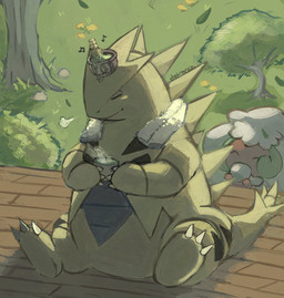ambiguous_gender anthro beverage brown_body claws drinking eyes_closed featureless_crotch flower grass green_body group hair leaf matcha_(tea) musical_note musical_symbol plant relaxing sitting spikes spikes_(anatomy) steam symbol tail tan_hair tea towel tree trio dietranch nintendo pokemon generation_2_pokemon generation_5_pokemon generation_9_pokemon pokemon_(species) sinistcha tyranitar whimsicott 2026 hi_res signature