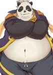 anthro belly big_belly black_body black_nose bottomwear bulge clothing kemono male navel one_eye_closed overweight overweight_male pants simple_background solo white_body wink shirokumaou bear giant_panda mammal 2024 hi_res