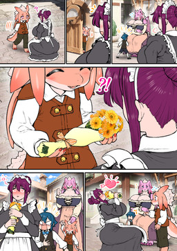 age_difference anthro big_breasts black_clothing black_dress blue_eyes blue_hair blush bouquet breasts cleavage clothed clothing day door dragon_wings dress female flower furgonomics group hair happy heart_eyes heart_symbol holding_bouquet holding_flower holding_object huge_breasts interrobang long_hair maid_headdress maid_uniform male motion_lines orange_body orange_scales outside pink_body pink_scales plant purple_hair scales shirt side_view sitting size_difference standing thick_thighs topwear uniform white_clothing white_shirt white_topwear amano_jack mythology dragon human mammal mythological_creature mythological_scalie scalie comic