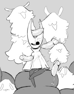 animal_genitalia animal_penis anthro blush bodily_fluids canine_genitalia canine_penis cloak clothing female genital_fluids genitals group knot knotted_penis leaking_precum male male/female penis precum precum_on_face sitting neko3240 hollow_knight:_silksong hollow_knight_(franchise) team_cherry hornet_(hollow_knight) arthropod flea_(hollow_knight:_silksong) insect hi_res monochrome sketch