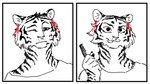 anthro border brush claws clothing comb_(brush) ear_piercing female hairbrush holding_brush holding_comb holding_hairbrush holding_object one_eye_closed piercing shirt simple_background solo tongue tongue_out topwear white_border cerebropodrido esmeralda_(cerebro) felid mammal pantherine tiger multiple_images