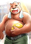 anthro armor black_nose bottomwear brown_body brown_fur clothing eyes_closed eyewear fur glasses hard_hat headgear helmet humanoid_hands kemono male moobs navel nipples overweight overweight_male pants solo towel towel_around_neck kemokemumaki bear mammal 2023