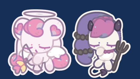2_horns black_horn bow_(weapon) chibi eyes_closed feathered_wings feathers female female/female hair halo holding_object holding_weapon horn melee_weapon mouth_closed open_mouth pink_body pink_eyes pink_hair polearm purple_eyes purple_hair ranged_weapon simple_background spade_tail tail trident weapon wings humaki catch!_teenieping samg_entertainment heartsping_(catch!_teenieping) onlyping_(catch!_teenieping) elf humanoid 16:9 alpha_channel hi_res widescreen