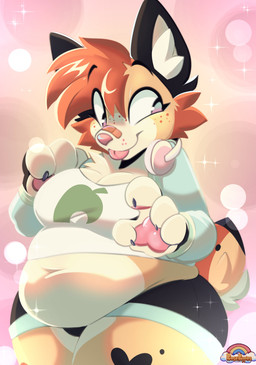 4_fingers anthro belly big_belly big_breasts black_ears black_minishorts breasts claws cleavage clothed clothing electronics eyelashes female fingers freckled_face freckles fur hair headphones headphones_around_neck heart_(marking) heterochromia inner_ear_fluff long_sleeves looking_away markings navel orange_body orange_fur orange_hair overweight pawpads pink_nose pink_pawpads pink_tongue short_tail simple_background smile solo tail tan_body tan_fur thick_thighs tongue tuft wide_hips rose_puppies felid feline mammal 2025 absurd_res colored digital_drawing_(artwork) digital_media_(artwork) hi_res shaded