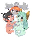 ambiguous_gender anthro arms_tied black_hair blush bound covering covering_crotch embarrassed fur green_body green_hair grey_body grey_fur group hair horn hug looking_at_viewer looking_back neck_tuft nude orange_hair red_body simple_background trio tuft young young_anthro doneru miks tini_(doneru) lagomorph leporid mammal rabbit unknown_species hi_res