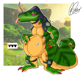 abdominal_bulge armor digestion emanata fatal hand_on_belly headgear heart_symbol helmet horn male male_pred motion_lines onomatopoeia oral_vore screencap screencap_background slosh solo sound_effects tail text thick_tail tongue tongue_out unseen_prey vore artistawesome breath_of_the_wild nintendo tears_of_the_kingdom the_legend_of_zelda lizalfos scalie digital_media_(artwork)