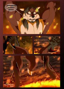 anthro beard big_muscles black_hair blood bodily_fluids bound facial_hair fur hair hell lava male multicolored_body multicolored_fur muscular muscular_anthro muscular_male nude red_body red_fur sickle solo speech_bubble sweat text two_tone_body two_tone_fur white_body white_fur xxsparcoxx teofacio_larna canid canine fox mammal red_fox true_fox 2021 comic digital_media_(artwork) english_text hi_res