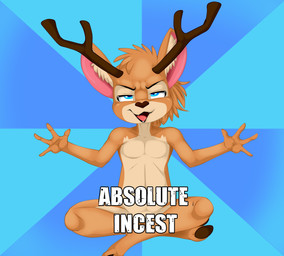 anthro antlers fur half-closed_eyes hooves horn looking_at_viewer male narrowed_eyes nude open_mouth simple_background sitting smile solo text tongue young young_anthro young_male zcomic taiki_(piporete) deer mammal digital_media_(artwork) english_text hi_res meme