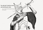 5_fingers anthro armor black_text braided_hair dialogue eyebrows eyes_closed fantasy fingers fur hair holding_melee_weapon holding_object holding_sword holding_weapon knight male medieval medieval_armor melee_weapon open_mouth raised_arm simple_background solo standing sword talking_to_another text warrior weapon white_background leprzil felid feline lynx mammal 2024 digital_media_(artwork) english_text sketch