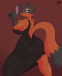 absurd_res anthro backless_clothing backless_dress big_breasts big_butt breasts butt clothed clothing coffee_demon dress female fur generation_8_pokemon gun hi_res huge_butt nintendo orange_body orange_fur pokemon pokemon_(species) ranged_weapon solo thick_thighs thievul weapon yellow_eyes