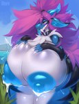 anthro areola big_breasts blue_areola blue_body blue_nipples blue_tongue blush bodily_fluids breast_expansion breast_squish breasts butt chest_tuft claws collar collar_only curvy_figure expansion fangs female forest fur genital_fluids genitals glistening glistening_body green_eyes hair hand_on_breast horn hourglass_figure huge_breasts hyper hyper_breasts inviting jungle latex leaking leaking_milk long_hair looking_at_viewer neck_tuft nipple_dip nipples nude open_mouth outdoor_nudity outside plant presenting presenting_breasts purple_hair pussy_ears sabertooth_(anatomy) scuted_arms scutes silly simple_background smile solo squish standing tail teasing teeth thick_thighs tongue tongue_out tree tuft white_body white_fur wide_hips conditional_dnp oksara mythology oksara_(character) dragon hybrid mythological_creature mythological_scalie scalie digital_media_(artwork) hi_res