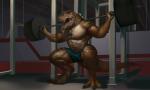 abs anthro athletic barbell barefoot biceps big_muscles biped bottomwear brown_body brown_nipples brown_skin bulge claws clothed clothing crouching detailed_background digitigrade exercise fangs feet front_view glistening holding_object jewelry male muscular muscular_anthro muscular_male necklace nipples open_mouth pecs pose scales sharp_teeth shorts solo spread_legs spreading tail teeth thick_thighs toe_claws tongue topless vein weightlifting weights workout yellow_eyes loculi dinosaur prehistoric_species reptile scalie theropod tyrannosaurid tyrannosauroid tyrannosaurus tyrannosaurus_rex 2014 5:3 detailed hi_res