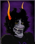 black_clothing clothing clown horn laugh male not_furry profanity purple_body sharp_teeth smile solo teeth text tongue trollface yellow_eyes jubilations homestuck ms_paint_adventures gamzee_makara alien alien_humanoid horned_humanoid humanoid troll_(homestuck) english_text low_res meme