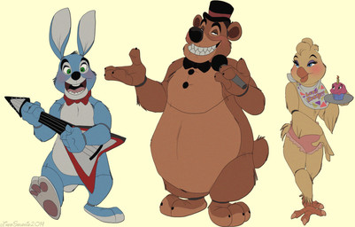anthro band beak bib blue_body blue_eyes blue_fur bow_(feature) bow_tie brown_body brown_fur clothing cupcake electric_guitar electronics female food fur green_eyes group guitar hat headgear headwear looking_at_viewer machine male microphone musical_instrument panties pawpads paws plate playing_guitar playing_music plucked_string_instrument ribbons simple_background smile string_instrument tongue top_hat underwear yellow_background kosperry five_nights_at_freddy's five_nights_at_freddy's_2 scottgames cupcake_(fnaf) toy_bonnie_(fnaf) toy_chica_(fnaf) toy_freddy_(fnaf) animatronic avian bear bird chicken galliform lagomorph leporid mammal phasianid rabbit robot 2014 absurd_res hi_res