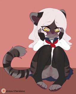anthro anus asian_clothing black_clothing black_legwear black_thigh_highs blue_bottomwear blue_clothing blue_skirt blush body_blush bottomwear clothed clothing countershading dark_body dark_fur dipstick_ears ear_blush ear_markings east_asian_clothing eyebrow_through_hair eyebrows feet female fingerless_(marking) fur genitals hair hand_on_cheek heart_eyes heart_pupils heart_symbol japanese_clothing japanese_school_uniform kerchief knees_up legwear long_hair markings multicolored_ears neckerchief neckwear no_underwear pleated_skirt red_kerchief red_neckerchief sailor_collar school_uniform serafuku shy simple_background sitting sitting_on_ground skirt solo striped_body striped_fur striped_markings striped_tail stripes tail tail_markings thigh_highs toeless_thigh_highs translucent translucent_hair uniform upskirt vulva vulva_blush white_hair yellow_eyes young young_anthro young_female aoizuri patreon amalia_(claralaine) domestic_cat felid feline felis mammal 2017 hi_res