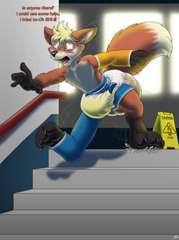 anthro arm_cast big_diaper cast diaper embarrassed feces fur leg_cast male orange_body orange_fur peeing pooping slipping soiled_diaper soiling soiling_diaper solo text unclean_diaper used_diaper using_diaper wet_floor wet_floor_sign catmonkshiro mathias_(castfox) canid canine fox mammal english_text hi_res