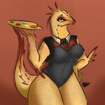 anthro clothed clothing feathers female looking_at_viewer makeup paint_palette pencil_(object) simple_background solo tail kimuraptor kimu_(kimuraptor) dinosaur dromaeosaurid feathered_dinosaur feathered_scalie prehistoric_species reptile scalie theropod