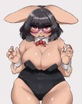 5_fingers anthro big_breasts biped black_hair blush bodily_fluids bow_tie breasts brown_body brown_fur bunny_costume cleavage cleavage_overflow clothed clothing costume eyewear female fingers front_view fur glasses hair looking_at_viewer markings mole_(marking) open_mouth red_eyes shirt_collar shirt_cuffs simple_background solo standing sweat sweaty_body sweaty_breasts thigh_gap sleepiness18 lagomorph leporid mammal rabbit absurd_res hi_res portrait three-quarter_portrait