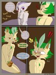 3:4 absurd_res anthro areola bed bedroom blush breasts canid canine comic dialogue digital_drawing_(artwork) digital_media_(artwork) duo eeveelution english_text female flamberry_(artist) fur furniture generation_4_pokemon generation_5_pokemon hair hi_res leafeon lyennan_venizee_flare_(flamberry) mae_lin_shun male male/female mammal mature_anthro mature_female medium_breasts mienshao mustelid musteline nintendo nipples nude open_mouth pokemon pokemon_(species) purple_areola purple_nipples simple_background smile surprised_expression text tongue