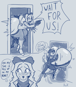 anthro big_butt blush bodysuit bow_ribbon bubble_butt butt butt_expansion clothing confusion dipstick_tail duo earpiece embarrassed expansion eyelashes female female_anthro glistening glistening_butt gloves handwear huge_butt huge_hips huge_thighs hyper hyper_butt hyper_hips looking_away markings pushing skinsuit straining_clothing stuck stuck_in_door tail tail_markings text thick_thighs thought_bubble tight_clothing wide_hips anon_and_knux nintendo star_fox fay_(star_fox) krystal_(star_fox) bird_dog canid canine canis domestic_dog fox hunting_dog mammal spaniel 2026 comic digital_drawing_(artwork) digital_media_(artwork) english_text hi_res sketch