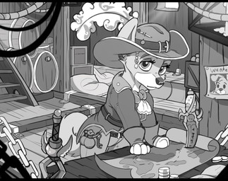 barrel clothed clothed_feral clothing dagger detailed_background female feral furniture hat headgear headwear inside knife looking_at_viewer map melee_weapon money pirate ship solo table vehicle watercraft weapon wugi disney lady_and_the_tramp angel_(lady_and_the_tramp) canid canine canis domestic_dog mammal mixed_breed pomsky greyscale hi_res monochrome